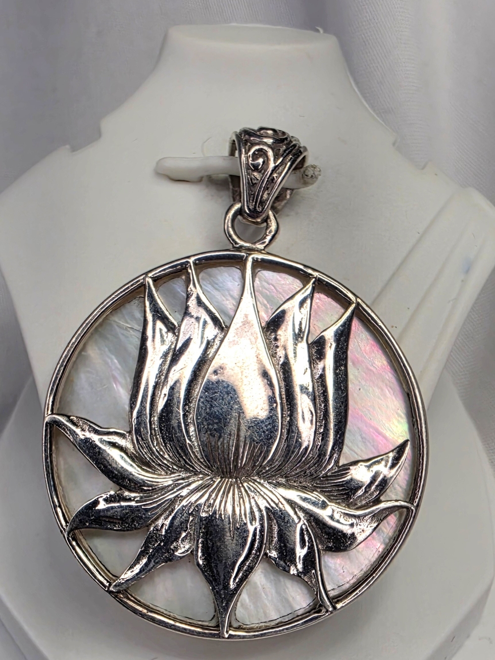 Sterling Silver Lotus Mother of Pearl Pendant - Silver and Iridescent
